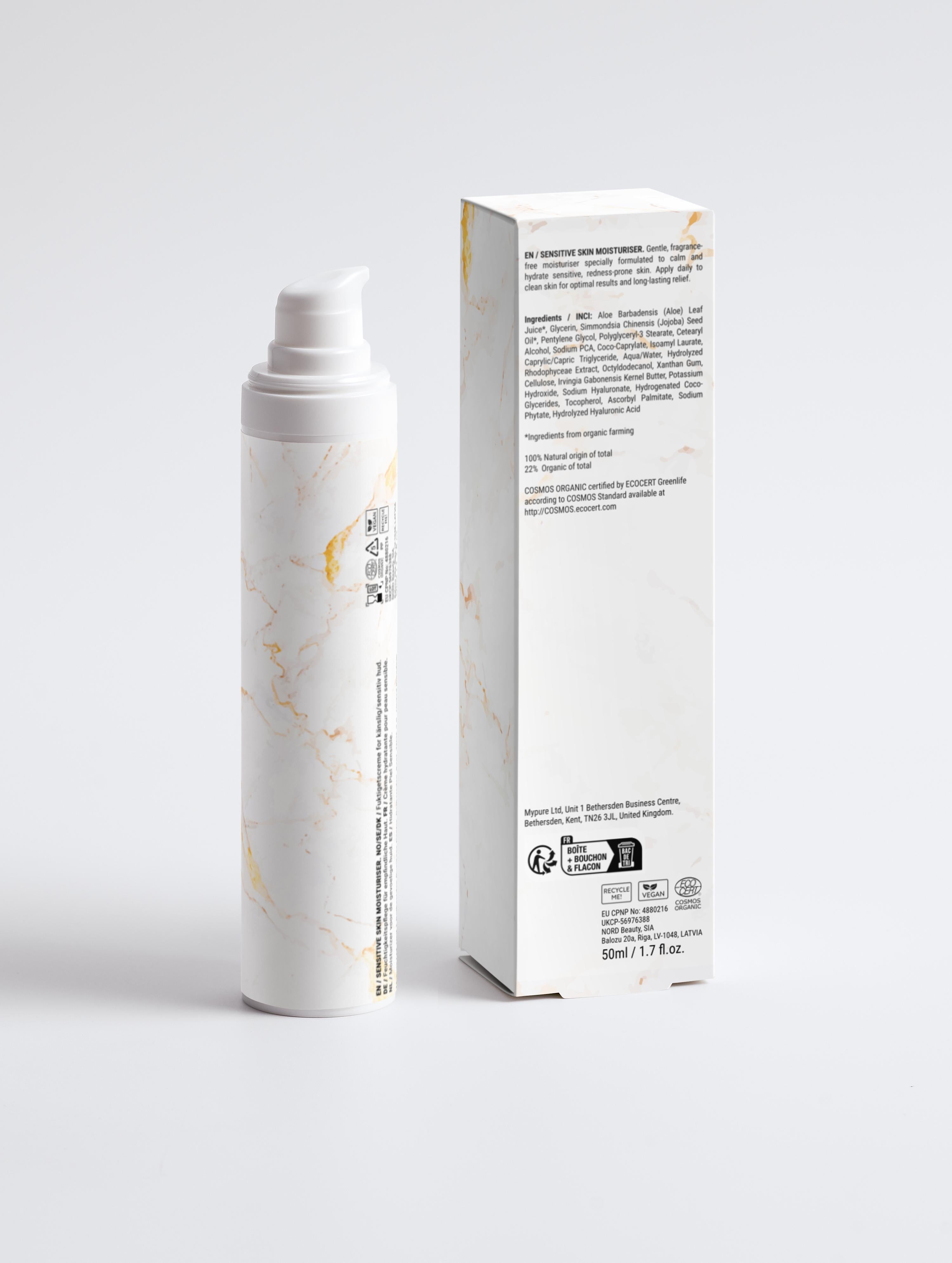Eclat Soin Sensitive Skin Moisturiser in marble-patterned packaging for gentle hydration